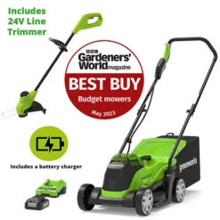 Greenworks 24 Volt 33cm Cordless Rotary Mower With Line Trimmer, Battery & Charger 
